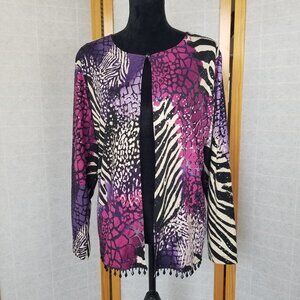 MSK Women Open Front Cardigan Jacket 1X  Animal Print Purple Beading Zebra